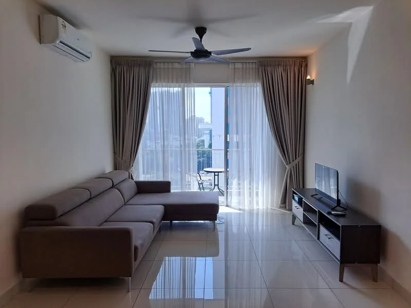 Living features: 3-seater fabric sofa in beige, coffee table, wall-mounted TV, TV console, floor-to-ceiling windows, sheer curtains, ceiling fan, glossy tile flooring, neutral painted walls, balcony view; style: modern; view: city.