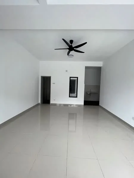 Room features: white painted walls, polished ceramic tile flooring, 5-blade ceiling fan, recessed downlights, mirror on wall, doorway leading to another room, sink visible in adjacent room; style: modern.