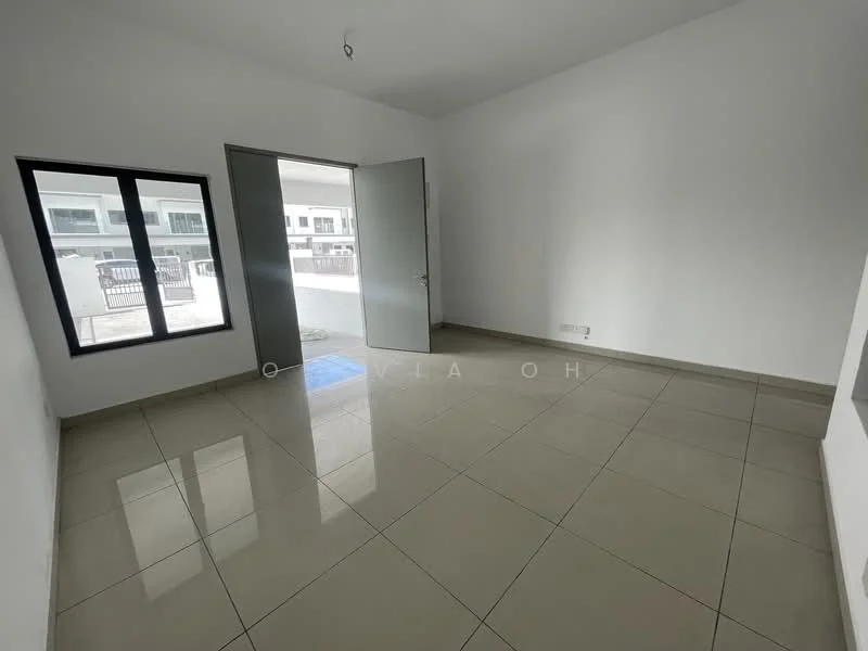 Room features: white painted walls, glossy ceramic tile flooring, floor-to-ceiling windows, double door, neutral color scheme, no visible furniture, natural light from windows, access to outdoor area; style: modern.