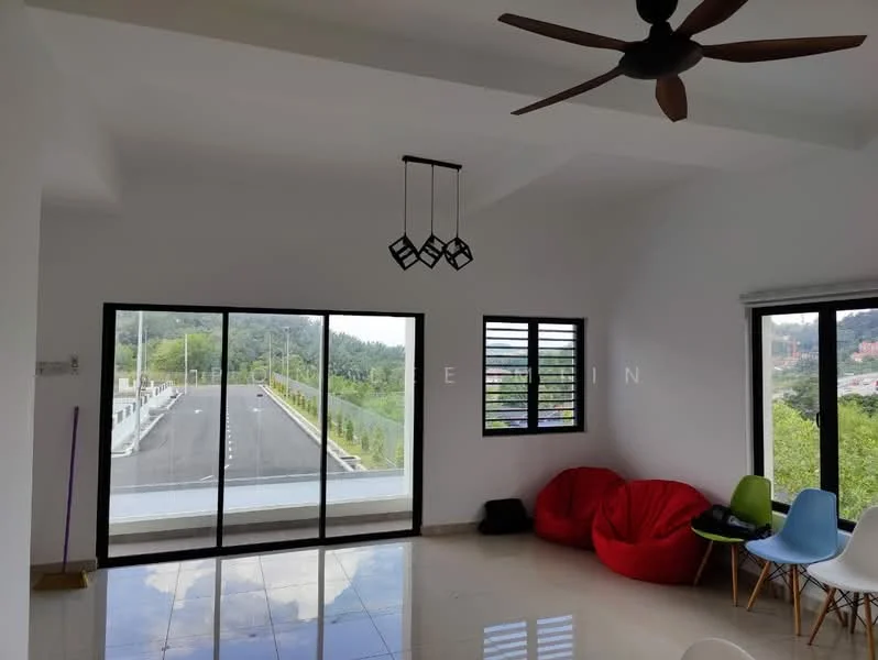 Living features: white painted walls, polished tile flooring, tray ceiling, 5-blade ceiling fan, floor-to-ceiling windows, sliding glass door, black window frames, decorative pendant lighting, red bean bags, multi-colored chairs; style: modern; view: garden.