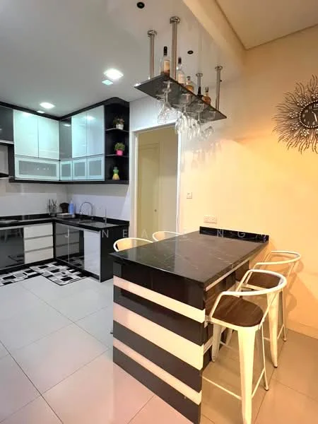 Kitchen features: black and white cabinetry, black granite countertop, white bar stools, pendant lighting above bar, built-in oven, stainless-steel sink, chrome faucet, ceramic tile flooring, white backsplash, open shelving, recessed lighting, wall-mounted clock; style: modern.