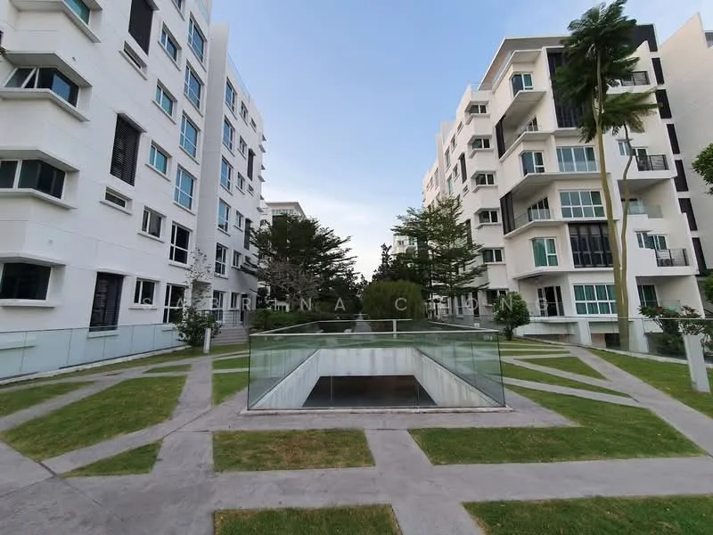 Exterior type: low-rise apartment block; features: white painted facade, glass balcony railings, landscaped garden, manicured lawn, paved walkways, mature trees, multiple building wings, outdoor seating area, water feature, modern architectural design; style: modern.