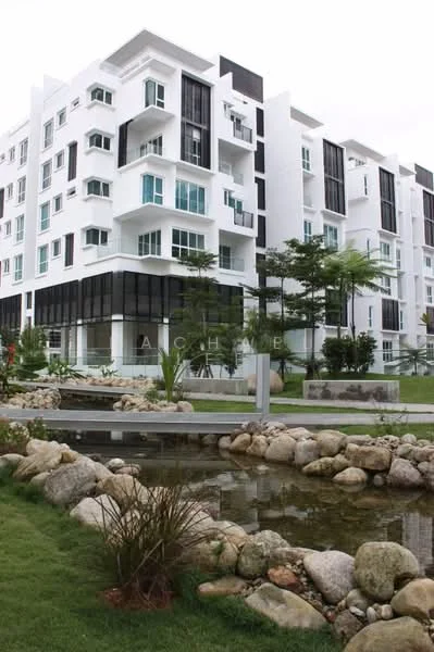 Exterior type: mid-rise condominium; features: white painted facade, glass windows, black accent panels, landscaped garden, rock garden with pond, manicured lawn, mature trees, outdoor seating area, pathway with stone pavers; style: modern.