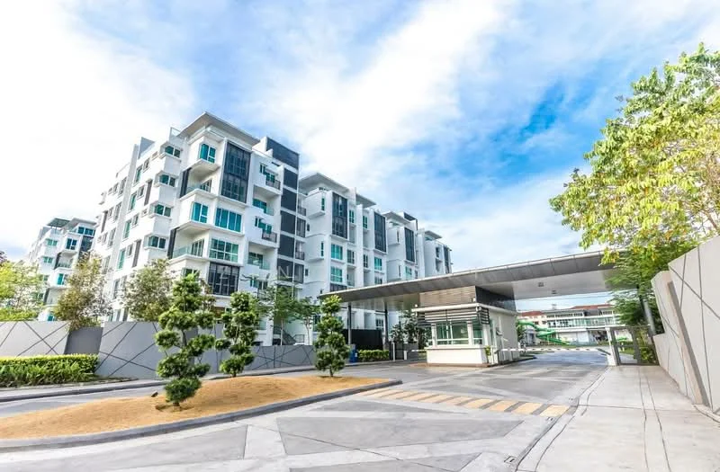Exterior type: mid-rise condominium; features: glass curtain wall, white painted facade, recessed balconies, manicured lawn, mature trees, security guard house at entrance, paved driveway, landscaped garden, covered entrance, modern architectural design; style: modern.