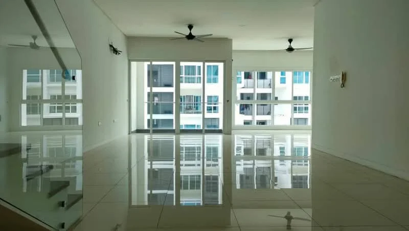 Living features: white painted walls, glossy ceramic tile flooring, 5-blade ceiling fan, floor-to-ceiling windows, sliding glass door, natural light, open layout, reflected view of exterior, neutral color palette; style: modern; view: city.