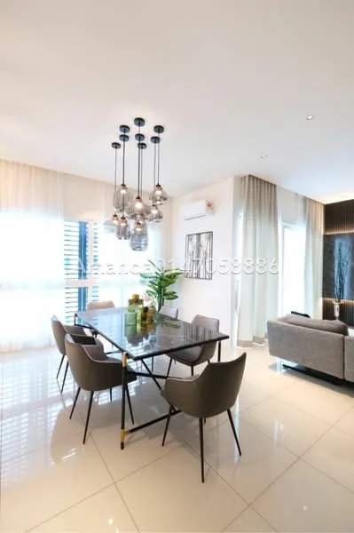 Dining features: 6-seater dining table with glass top, metal dining chairs with fabric upholstery, pendant lighting with multiple glass globes, floor-to-ceiling windows, sheer curtains, white painted walls, polished ceramic tile flooring, indoor plant in ceramic pot, air conditioning unit on wall, decorative wall paneling; style: modern; view: city. Living features: L-shape sectional sofa in grey, coffee table, wall-mounted TV, decorative wall paneling, area rug, floor-to-ceiling windows, sheer curtains; style: modern; view: city.