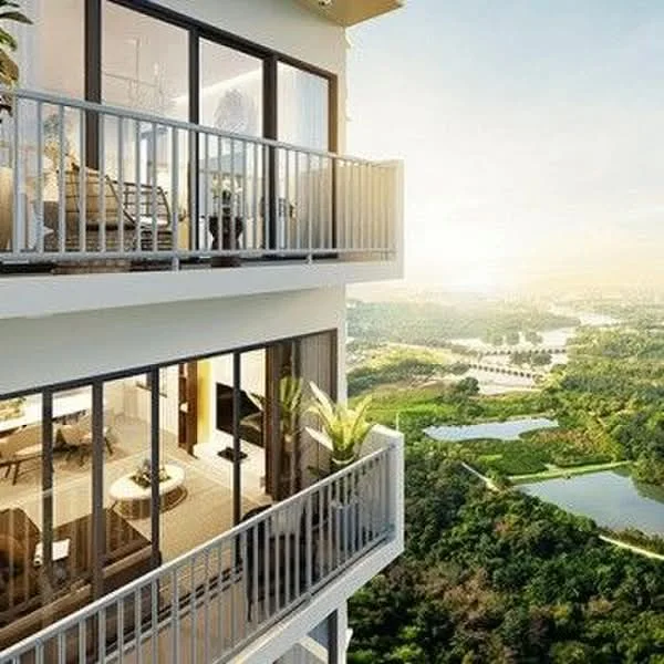 Room features: floor-to-ceiling windows, balcony with railing, outdoor seating area, greenery visible from balcony, city skyline view, natural light flooding in, potted plants, open layout; style: modern; view: city.