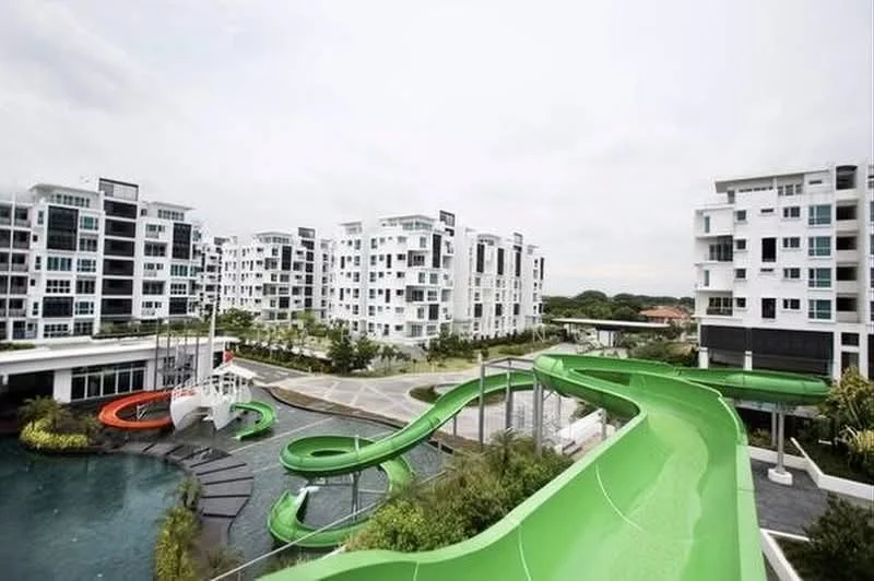 Exterior type: mid-rise condominium; features: green water slide, swimming pool, landscaped garden, manicured lawn, multiple mid-rise buildings, outdoor recreational area, water features, playground area; style: modern.