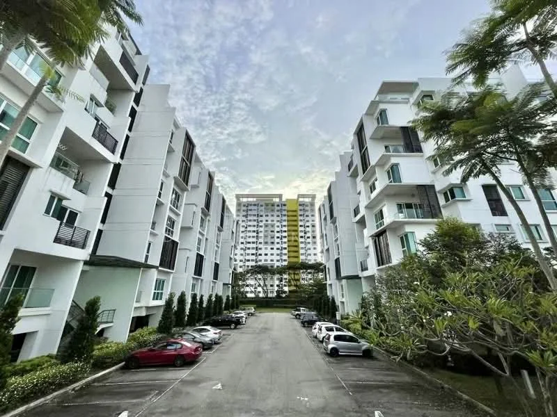 Exterior type: mid-rise condominium; features: white painted facade, glass balconies, landscaped garden, manicured lawn, paved parking area, multiple parking spaces, surrounded by greenery, modern architectural design; style: modern.