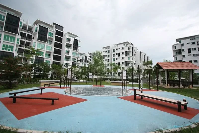 Exterior type: low-rise apartment block; features: landscape garden, manicured lawn, swings, seating benches, paved walkway, covered gazebo, surrounding greenery, modern architecture, multiple apartment units, open space; style: modern.