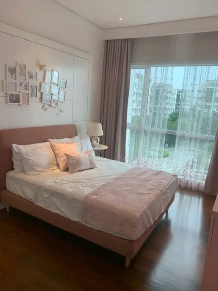 Bedroom features: queen-size bed with pink bedspread, upholstered headboard, wooden bedside table, table lamp, floor-to-ceiling windows, sheer curtains, wooden flooring, decorative wall with framed pictures, built-in wardrobe, area rug; style: modern; view: garden.