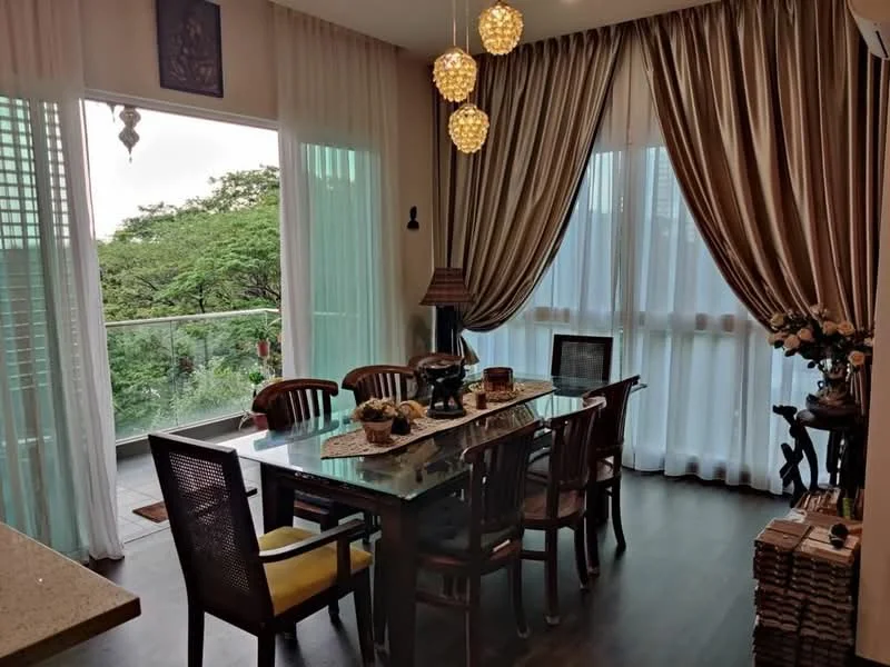 Dining features: glass dining table, wooden dining chairs, yellow upholstered seat, decorative centerpiece, curtains with sheer and blackout layers, wall-mounted decor, wooden flooring, recessed ceiling lights, pendant lights, floor-to-ceiling windows, sliding glass door, balcony access, greenery view; style: modern; view: garden.