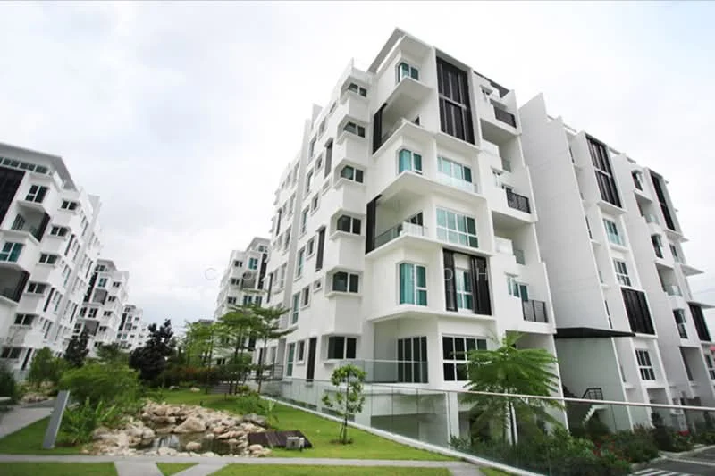 Exterior type: low-rise apartment block; features: white painted facade, glass windows, balconies with glass railings, landscaped garden, manicured lawn, mature trees, stone-paved walkway, multiple air conditioning units, modern architectural design; style: modern.