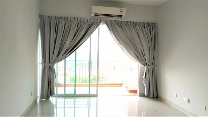 Room features: light grey painted walls, white ceiling, floor-to-ceiling sliding glass door, sheer curtains, drapes, wall-mounted split AC, glossy tile flooring; style: modern; view: garden.