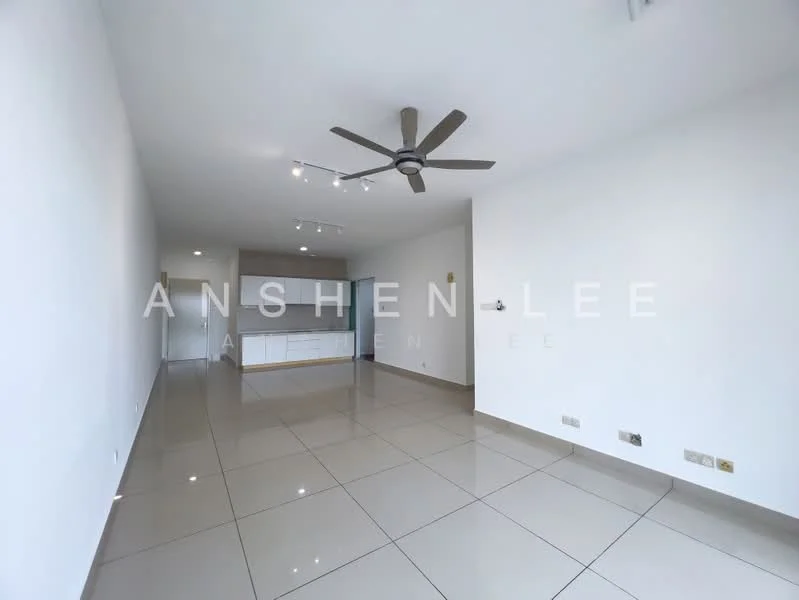 Living features: white painted walls, glossy ceramic tile flooring, 5-blade ceiling fan, recessed LED downlights, track lighting, open layout, kitchen area visible in background, large windows, neutral color scheme; style: modern.