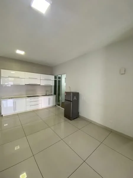 Kitchen features: white cabinetry with flat-panel doors, grey countertop, stainless-steel fridge, ceramic tile flooring, recessed ceiling lights, neutral painted walls, open layout, glass door leading to another space; style: modern.