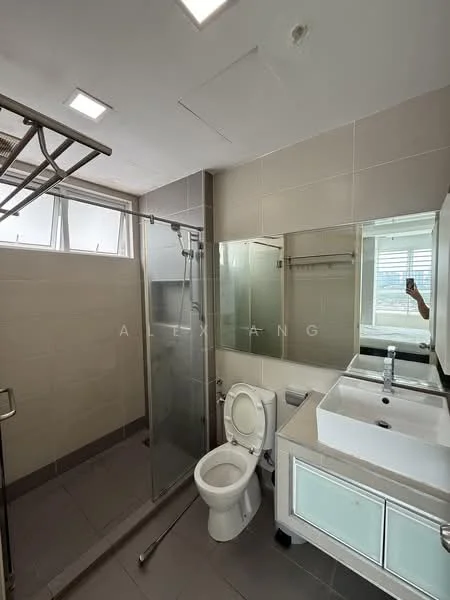 Bathroom features: walk-in shower with glass enclosure, chrome handheld shower, single-sink vanity with white cabinet, framed mirror, one-piece toilet, tile cladding on walls, grey floor tiles, recessed LED downlights, window for natural light, towel rack; style: modern; view: city.