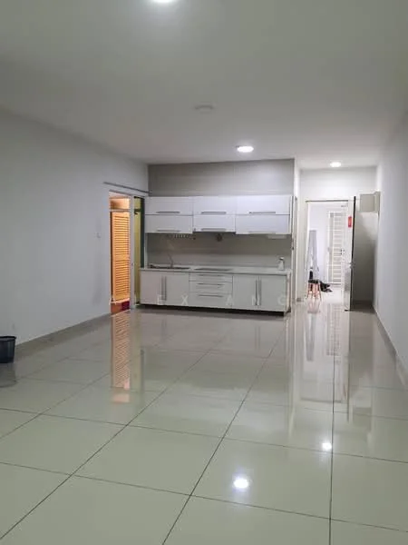 Room features: white painted walls, glossy ceramic tile flooring, recessed downlights, built-in kitchen cabinetry in white, kitchen countertop, open layout, doorway leading to another room, doorway leading to a hallway; style: modern.