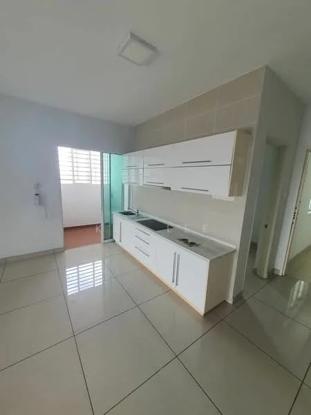 Kitchen features: white cabinetry, single-bowl stainless-steel sink, chrome pull-down faucet, white countertop, ceramic tile flooring, wall-mounted cabinets, sliding glass door, window with grid pattern, recessed ceiling lights; style: modern.