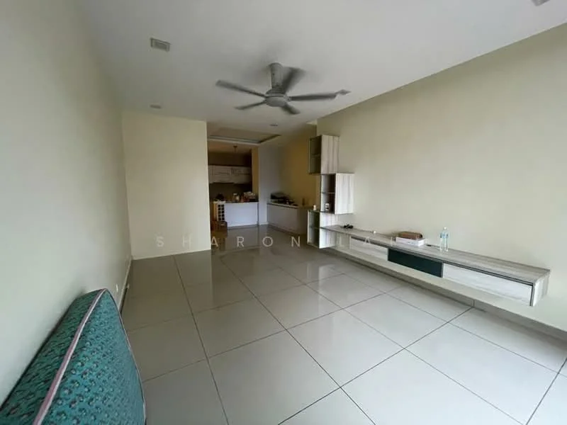 Living features: large floor tiles, cream painted walls, ceiling fan, built-in wall unit, open layout to kitchen, natural light from windows, neutral color scheme, no visible furniture; style: modern.