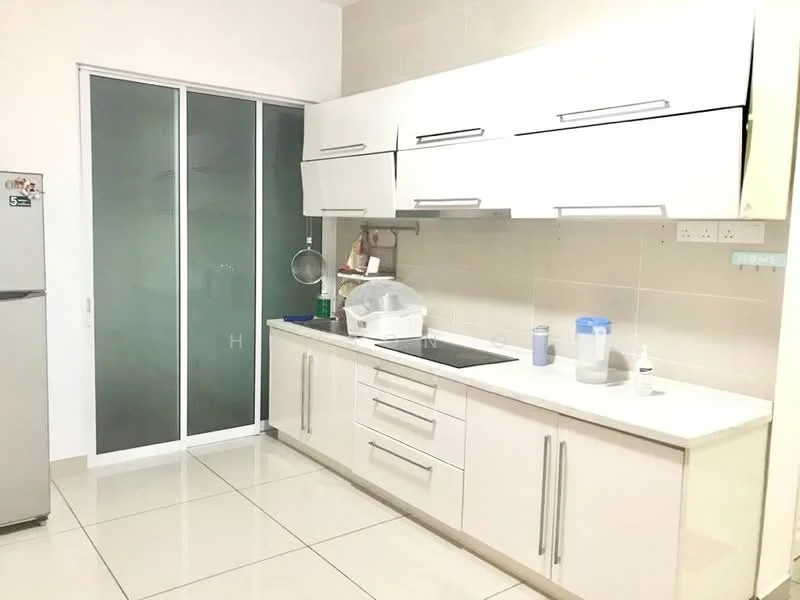 Kitchen features: white cabinetry with sleek handles, stainless-steel fridge, white countertop, single-bowl stainless-steel sink, chrome pull-down faucet, glass sliding door, ceramic tile flooring, wall-mounted shelving, built-in oven, microwave, kitchen utensils on countertop, neutral wall color, recessed lighting; style: modern.