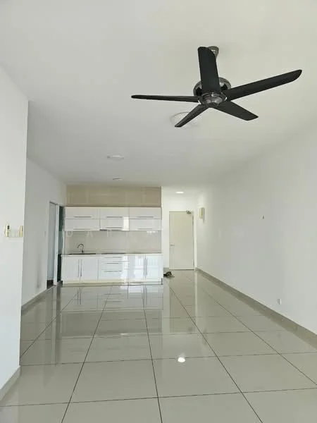 Living features: white painted walls, glossy ceramic tile flooring, 5-blade ceiling fan in black, kitchen area with white cabinetry, built-in kitchen countertop, recessed lighting, open layout, doorway leading to other rooms; style: modern.
