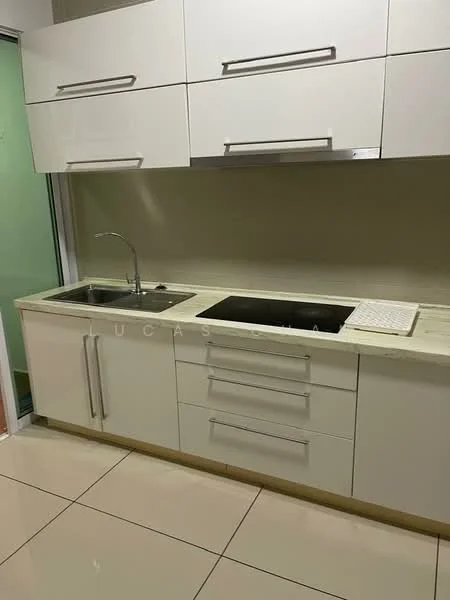 Kitchen features: white cabinetry with flat-panel doors, marble countertop, double-bowl stainless-steel sink, chrome pull-down faucet, four drawers, two upper cabinets, tile flooring, neutral wall color; style: modern.