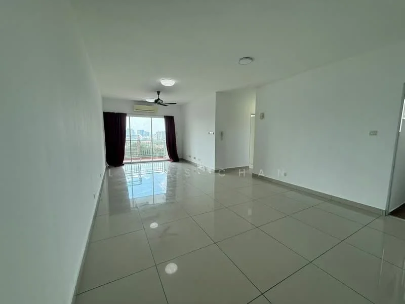 Living features: white painted walls, glossy ceramic tile flooring, 5-blade ceiling fan with light, floor-to-ceiling windows, sliding glass door, curtains, air conditioning unit, neutral color scheme; style: modern; view: city.