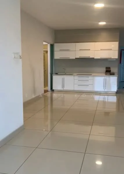 Kitchen features: white cabinetry with flat-panel doors, stainless-steel sink, chrome pull-down faucet, white tiled backsplash, granite countertop, built-in oven, freestanding range oven, ceramic tile flooring, recessed downlights, open shelving, wall-mounted cabinets, neutral wall colour, large floor tiles; style: modern.