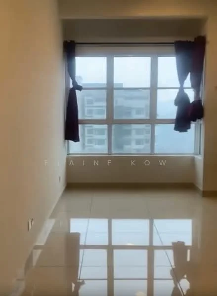 Room features: white painted walls, glossy tile flooring, floor-to-ceiling windows, purple curtains, natural light, city view; style: modern; view: city.