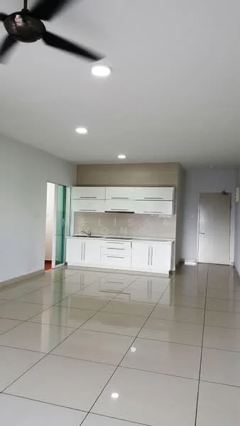 Kitchen features: white cabinetry, marble countertop, stainless-steel sink, chrome pull-down faucet, built-in oven, freestanding range oven, ceramic tile flooring, recessed LED downlights, 5-blade ceiling fan, open shelving, wall-mounted cabinets, neutral wall colour, sliding glass door, large windows; style: modern.