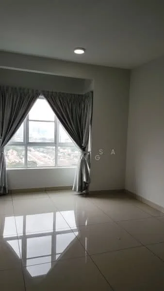 Room features: white painted walls, glossy ceramic tile flooring, floor-to-ceiling windows, grey curtains, recessed downlights; style: modern; view: city.