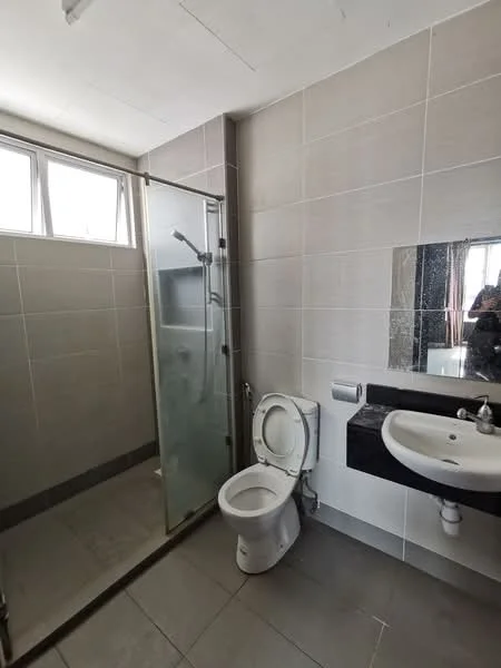 Bathroom features: glass shower enclosure, rain shower head, toilet, single-sink vanity with wall-mounted faucet, mirror above sink, grey tiled walls, light grey floor tiles, window for natural light; style: modern.