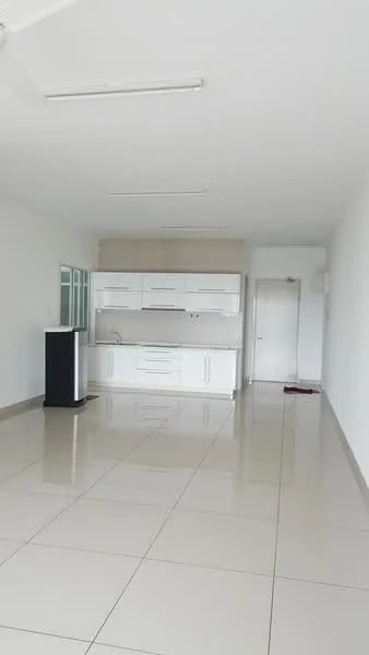 Living features: white painted walls, glossy ceramic tile flooring, recessed downlights, ceiling fan, built-in kitchen cabinetry, white countertop, single-bowl stainless-steel sink, freestanding fridge, door leading to hallway; style: modern.