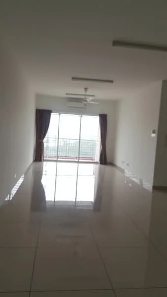 Living features: large floor-to-ceiling windows, sliding glass door, white painted walls, glossy ceramic tile flooring, 2 ceiling fans, sheer curtains, recessed downlights; style: modern; view: city.