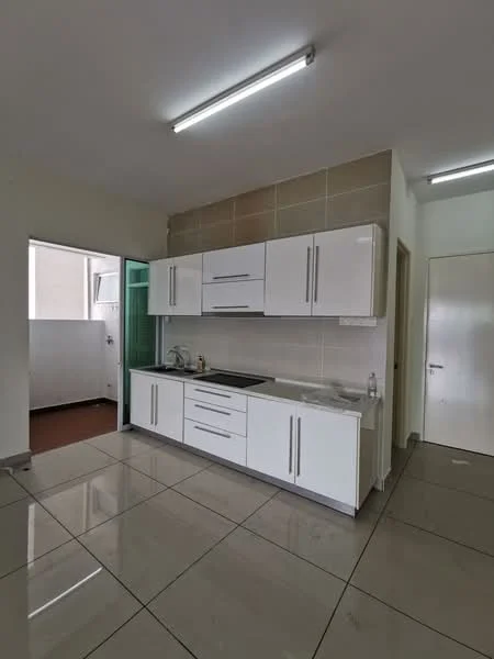 Kitchen features: white cabinetry with flat-panel doors, black countertop, stainless-steel sink, chrome pull-down faucet, built-in stove, tile backsplash, ceramic tile flooring, fluorescent ceiling lights, open layout, window with green view, wall-mounted cabinets, space for refrigerator; style: modern.