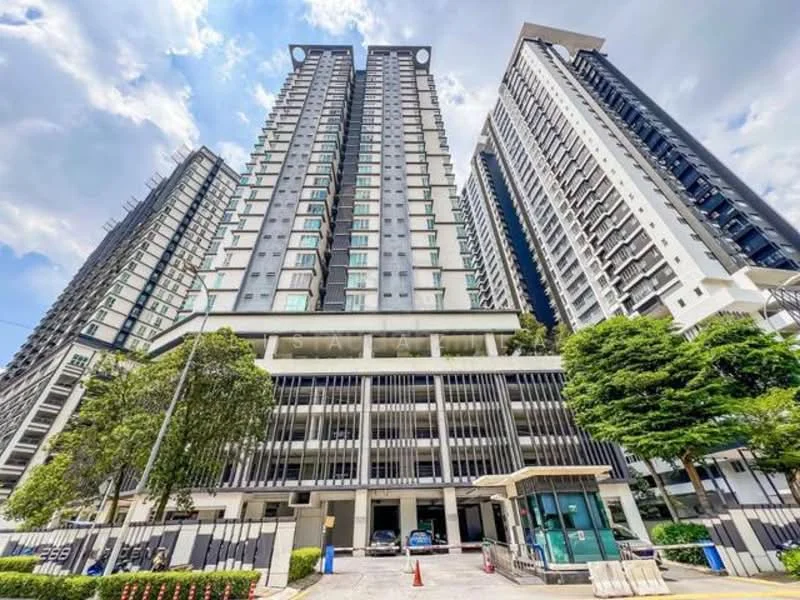 Exterior type: high-rise condominium; features: glass curtain wall, white painted facade, recessed balconies, multiple storeys, guard house at entrance, covered parking, landscaped greenery, modern architectural design; style: modern.