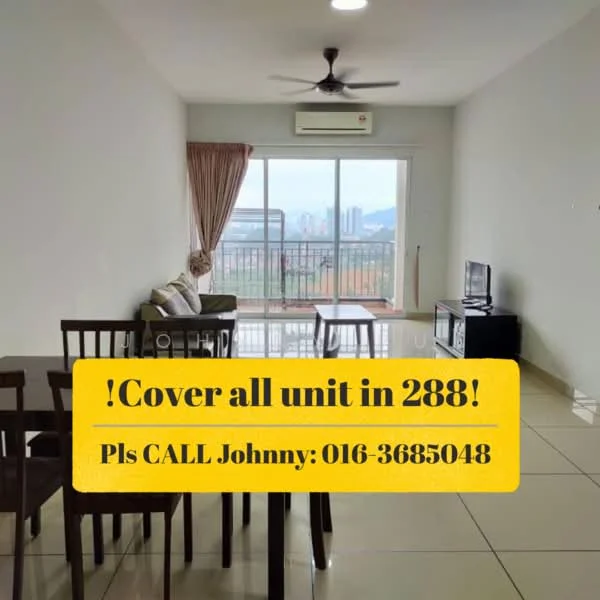 Living features: floor-to-ceiling windows, sliding glass door, city view, 3-seater fabric sofa in beige, coffee table, TV console, wall-mounted TV, dining table for 4, ceiling fan, cream painted walls, glossy tile flooring, curtains, decorative throw pillows; style: modern; view: city.