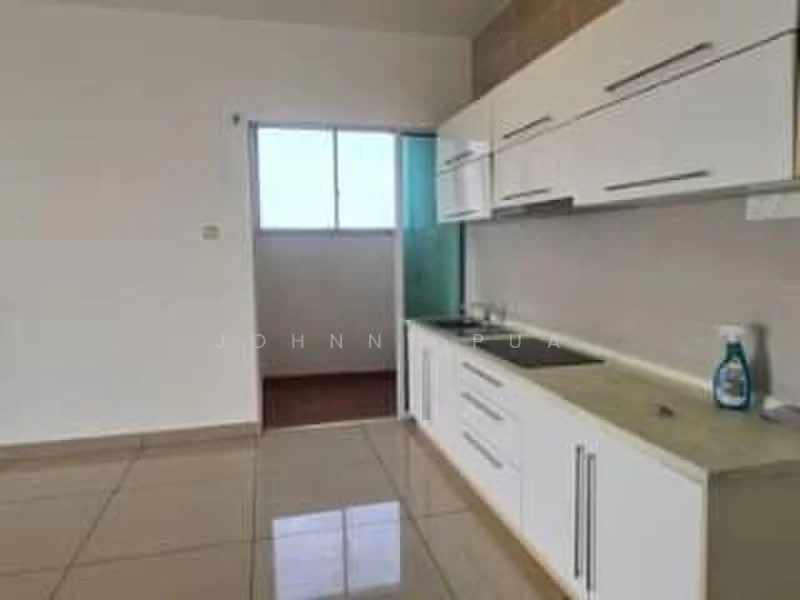 Kitchen features: white cabinetry, green countertop, single-bowl stainless-steel sink, chrome pull-down faucet, ceramic tile flooring, wall-mounted cabinets, window with clear glass, neutral wall color, open layout; style: modern.