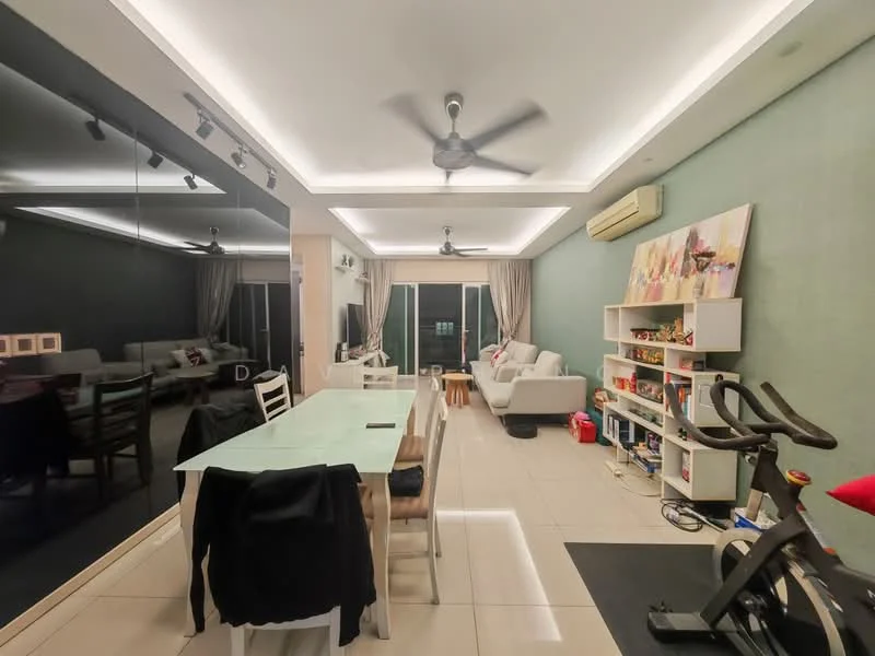 Living features: 5-blade ceiling fan with integrated LED light, recessed downlights, grey accent wall, white painted walls, floor-to-ceiling windows, sliding glass door, light-colored dining table, white dining chairs, sofa in light grey fabric, decorative artwork on wall, exercise bike, wooden coffee table, curtains, tile flooring; style: modern.