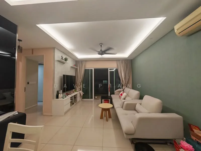 Living features: white walls, green accent wall, recessed ceiling with LED lighting, 5-blade ceiling fan with light, large sliding glass door, floor-to-ceiling curtains, light-colored fabric sofa, wooden coffee table, TV console, wall-mounted TV, ceramic tile flooring; style: modern.
