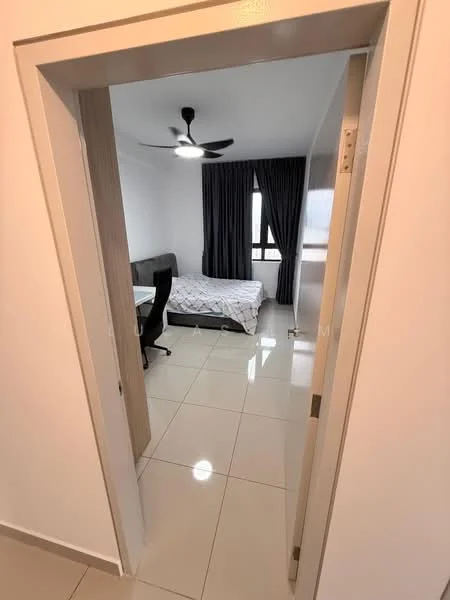 Bedroom features: queen-size bed, upholstered headboard, desk with chair, floor-to-ceiling window, grey curtains, ceiling fan with light, white painted walls, glossy tile flooring; style: modern.