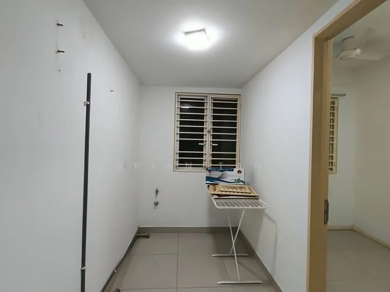 Laundry features: white painted walls, grey floor tiles, ceiling light fixture, window with security bars, folding drying rack, plumbing for washing machine, corner space for storage, wall-mounted fan.