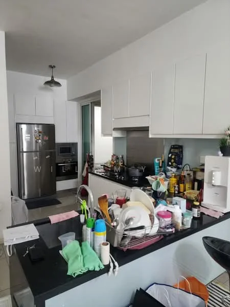 Kitchen features: white flat-panel cabinets, black granite countertop, stainless-steel fridge, built-in oven, microwave, kitchen utensils and appliances, sink, kitchen island, pendant light, open shelving, various kitchen items on countertop; style: modern.