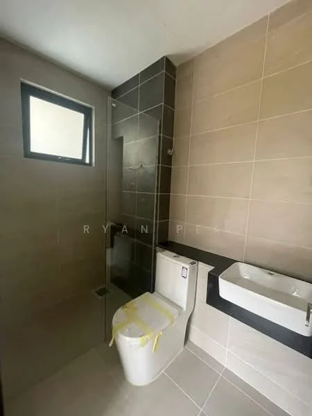 Bathroom features: wall-mounted sink, chrome basin mixer faucet, one-piece toilet, walk-in shower with glass enclosure, tile cladding on walls, light beige tile flooring, dark accent wall, small window, shower head, towel rack; style: modern.