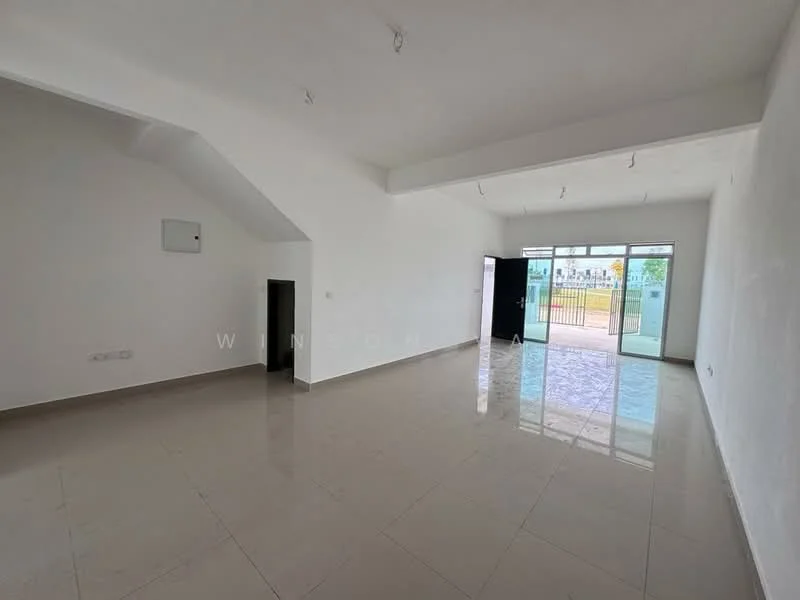 Room features: white painted walls, polished ceramic tile flooring, sliding glass door, floor-to-ceiling windows, high ceiling with recessed lighting, open layout, access to outdoor space, no visible furniture; style: modern; view: garden.