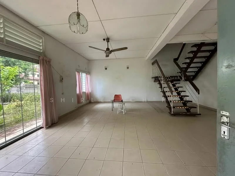 Room features: white painted walls, tile flooring, ceiling fan, large windows, sliding glass door, curtains, staircase, single chair, open layout, natural light; style: minimalist; view: garden.