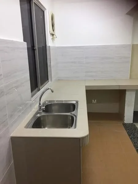 Kitchen features: double-bowl stainless-steel sink, chrome pull-down faucet, light-colored countertop, white tiled backsplash, grey marble-patterned wall tiles, window with grid design, built-in countertop space, ceramic tile flooring; style: modern.