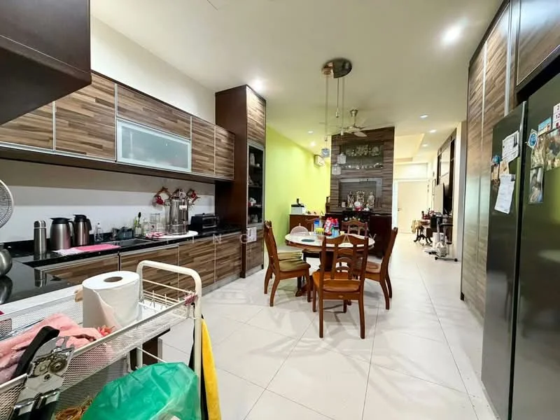 Kitchen features: brown wooden cabinetry, black countertop, stainless-steel sink, chrome pull-down faucet, built-in oven, freestanding range oven, microwave, refrigerator, dining table with four chairs, tile flooring, wall-mounted fan, decorative wall with stone cladding, green accent wall, open shelving; style: modern.