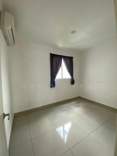 Room features: white painted walls, glossy ceramic tile flooring, 1 wall-mounted split AC, single window with sheer curtains, ceiling light fixture; style: modern.